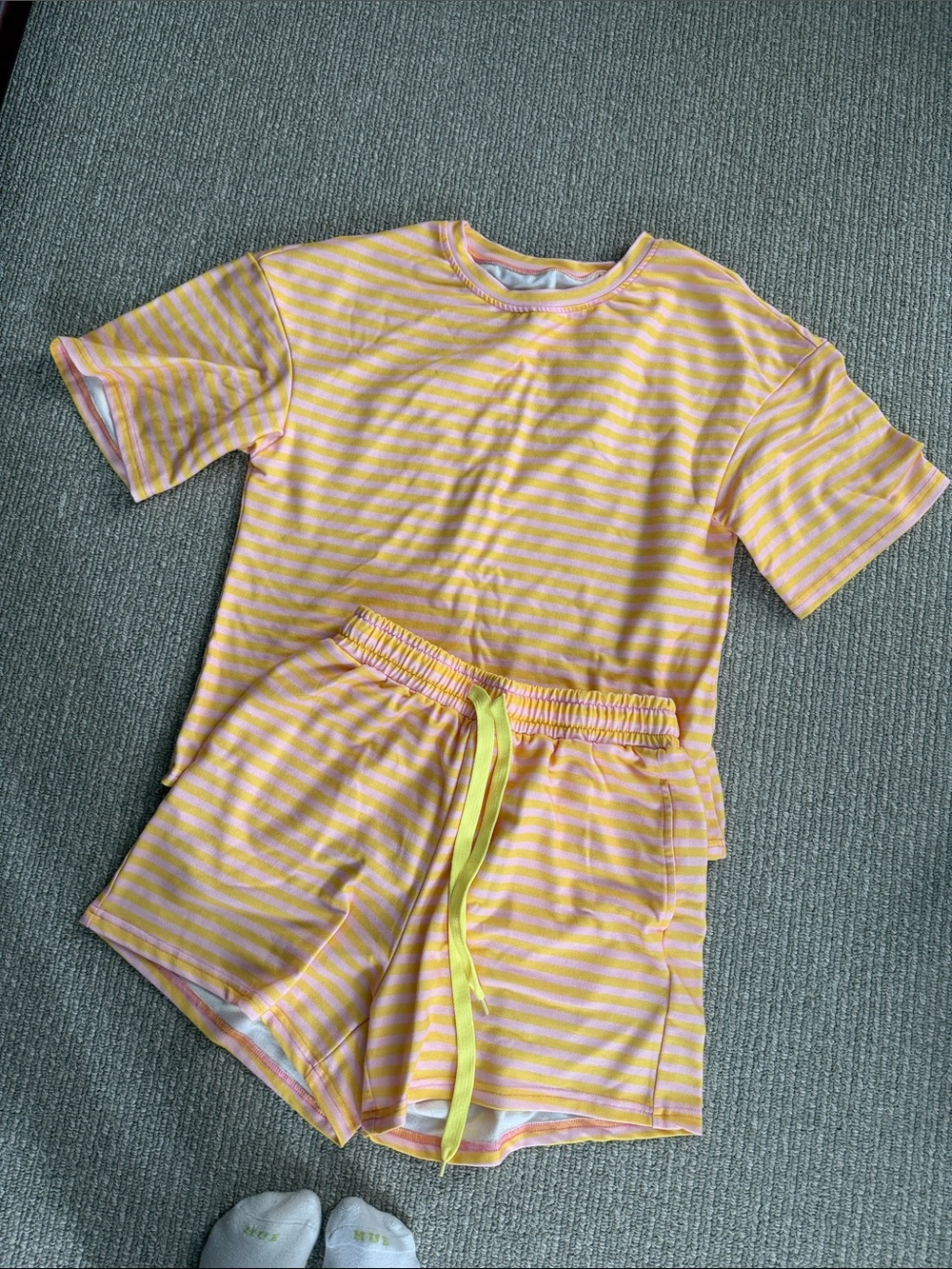 Yellow & Pink Striped Lounge Set - Short Sleeve Top + Shorts